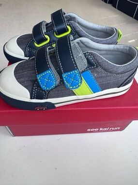 See Kai Run Grey Canvas Sneakers with Blue & Lime Accents